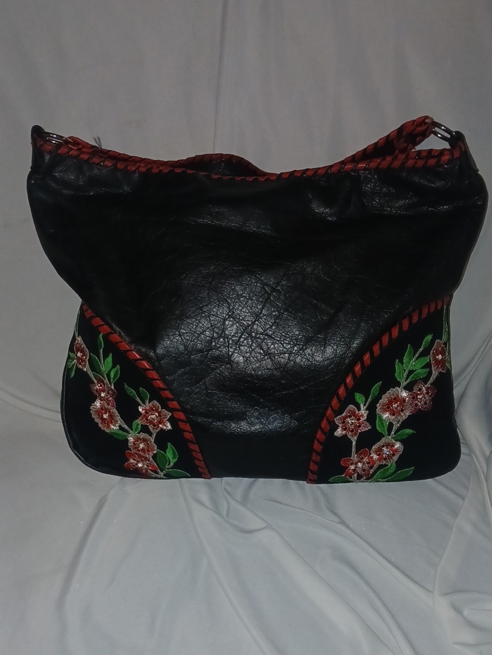 Rare Vintage KurtMen Design Black Hobo Bag with Red Floral Embroidery - Women